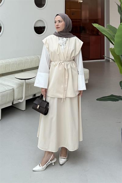 Yelek-Etek İkili Tesettür Takım Krem