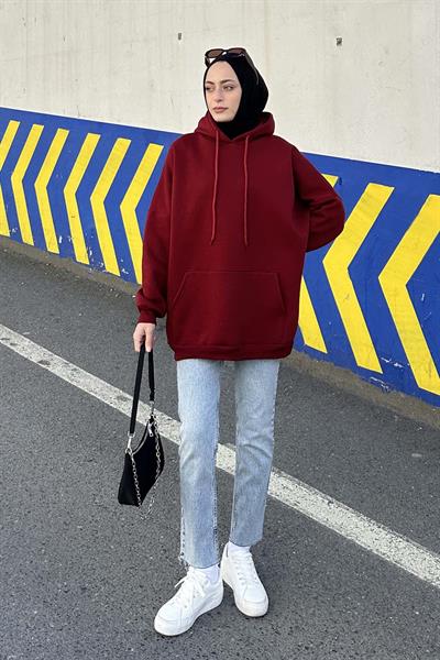 Üç İplik Kanguru Cep Sweatshirt Bordo