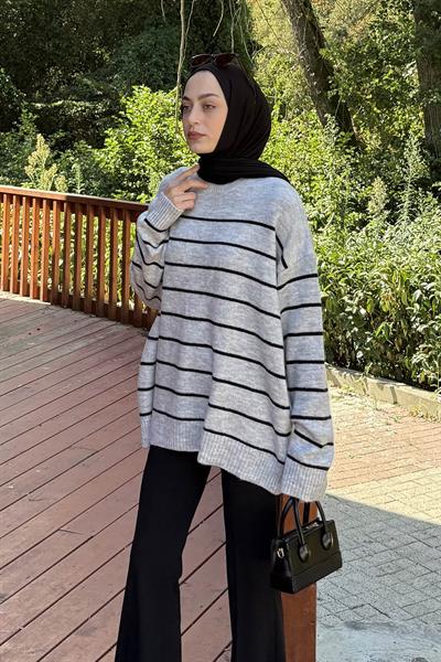 Çizgili Triko Kazak Gri