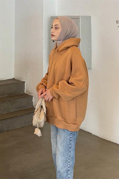 Kapüşonlu Oversize Yan Cepli Sweat Camel