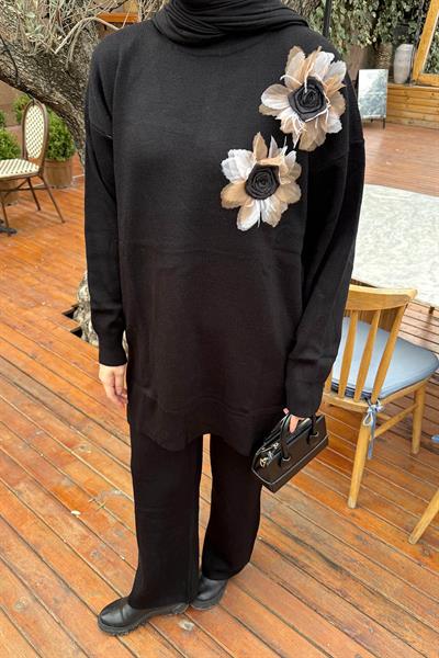 Aksesuarlı Triko Takım Siyah