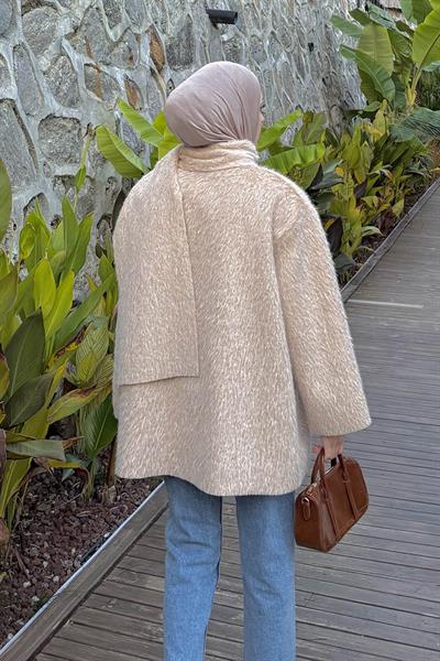 Peluş Atkılı Mont Bej