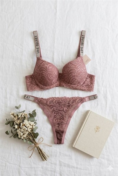 Dantel Taşlı Destekli Sütyen Takımı Pudra