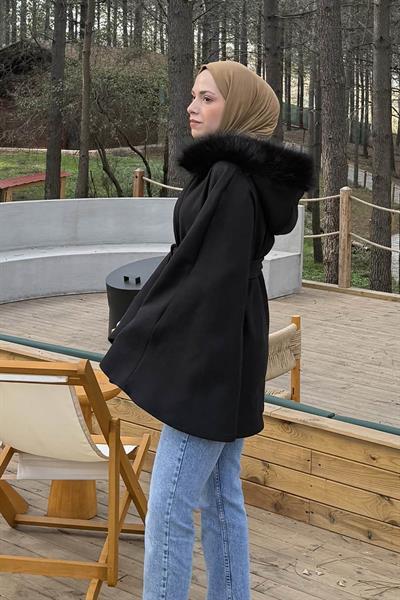 Kapüşonlu Panço Siyah