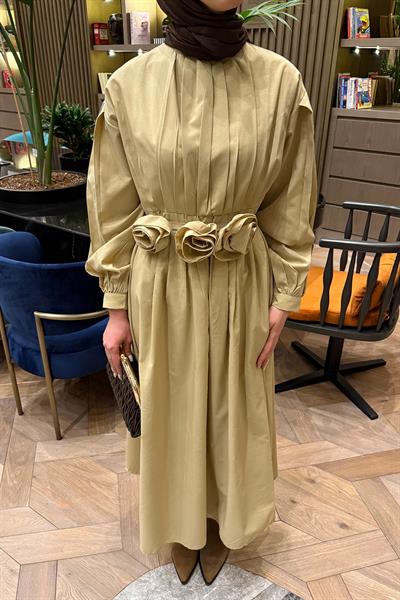 Pileli Poplin Elbise Bej