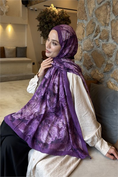 Vintage Flower Desen Bambu Şal Mor