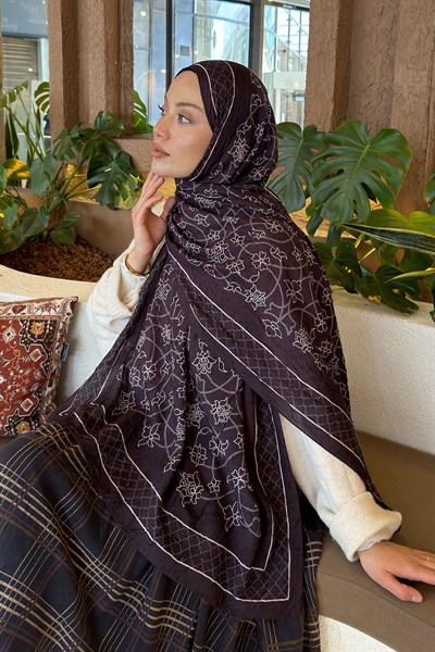 Geometrik Desen Bambu Şal Koyu Kahve