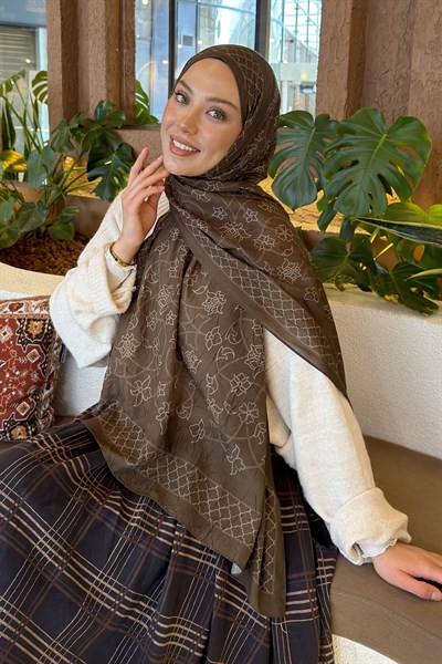 Geometrik Desen Bambu Şal Asker Yeşili