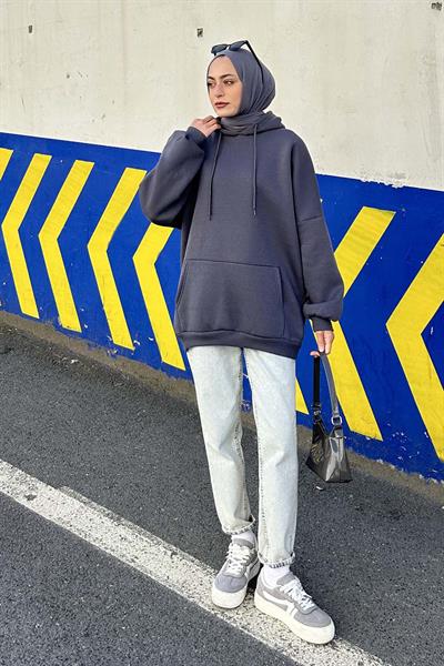 Üç İplik Kanguru Cep Sweatshirt Antrasit