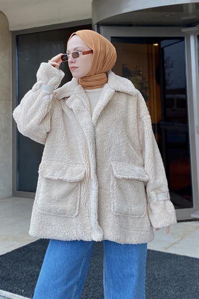 Kol Detaylı Fermuarlı Teddy Mont Taş