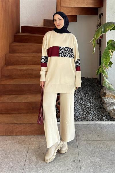 Desenli Triko Takım Krem