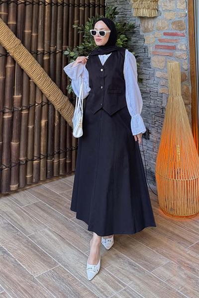 Gabardin Yelek-Etek İkili Tesettür Takım Siyah