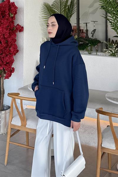 Üç İplik Kanguru Cep Sweatshirt İndigo