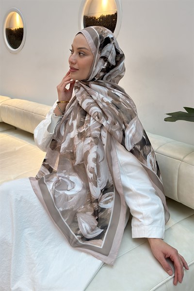 Çiçek Desen Pamuk Şal Koyu Vizonrengi