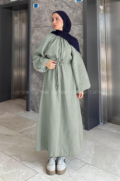 Balon Kol Bağlamalı Tesettür Elbise Çağla Yeşili