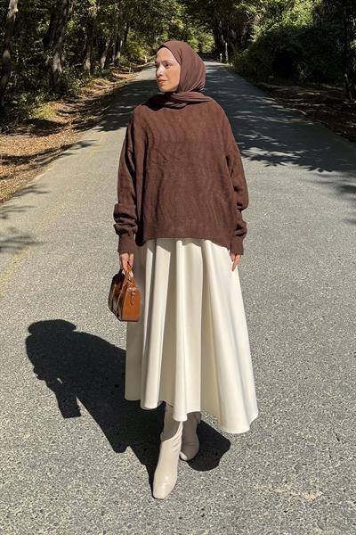 Kendinden Desenli Triko Kazak Kahverengi