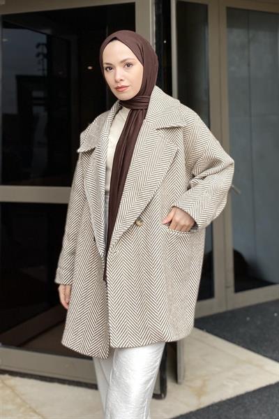 Zikzak Desen Balık Sırtı Kaban Bej