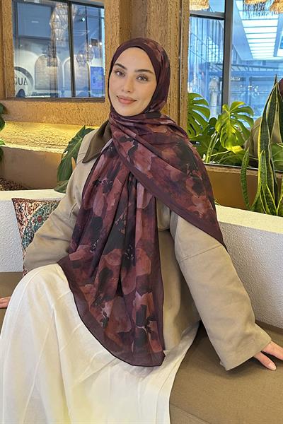 Batik Çiçek Desen Bambu Şal Koyu Bordo