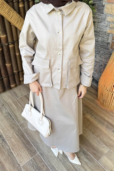 Cep Detaylı İkili Etek Tesettür Takım Siyah Gri