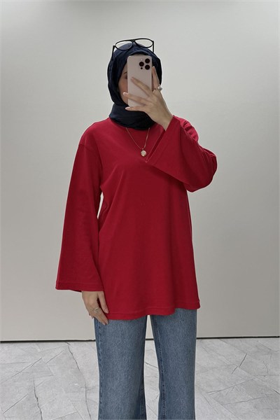 Bisiklet Yaka Basic Bluz Kırmızı