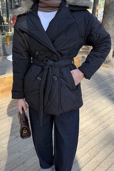 Kürk Yaka Bağlama Detaylı Mont Siyah