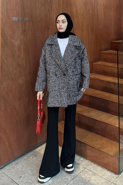 Balık Sırtı Kruvaze Kaban Siyah