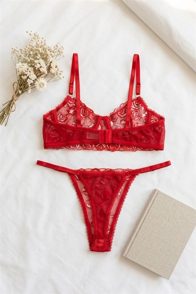 Nakışlı Dantelli İp Askılı Sütyen Takım Kırmızı