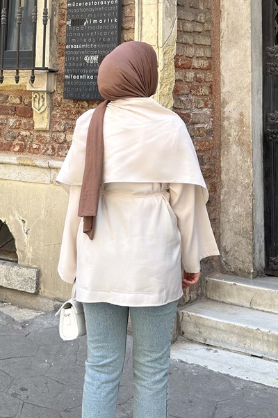 Pelerin Detaylı Oversize Tunik Bej