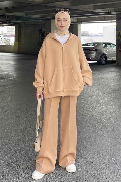 Kapüşonlu Oversize Yan Cepli Sweat Sütlü Kahve