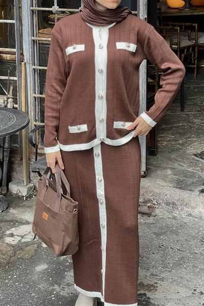 Cep Detaylı Düğme Detaylı Triko Takım Acı Kahverengi
