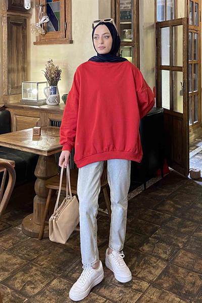 Balon Kol Yaka Ve Etek Ucu Manşetli Bol Sweat Kırmızı