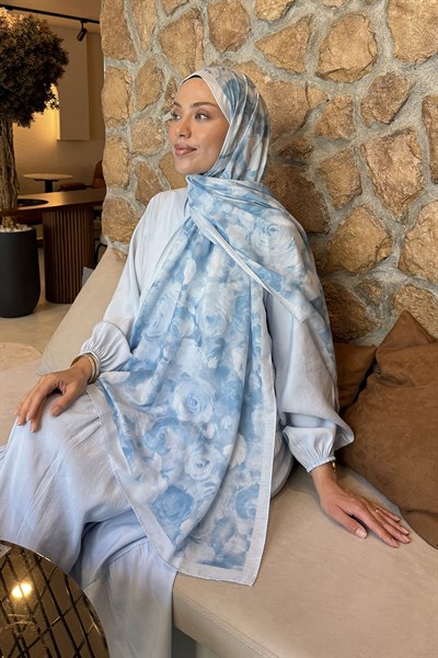 Botanik Çiçek Desen Lara Soft Şal Bebe Mavisi