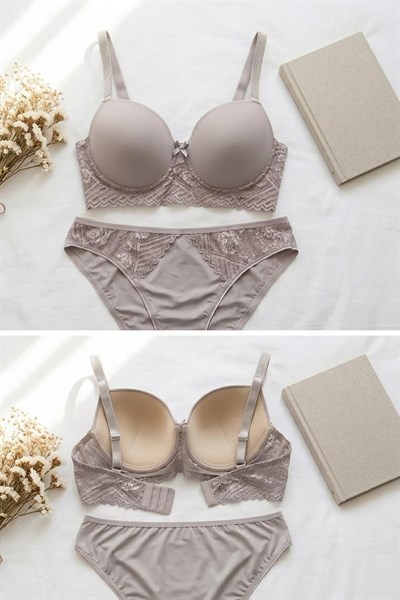 Desteksiz Balenli Büyük Beden Taş Detaylı Sütyen Takım vizonrengi