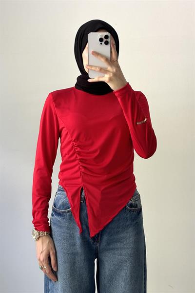 Bisiklet Yaka Yırtmaç Detaylı Sandy Body Nar Çiçeği