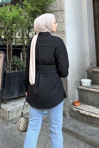 Belden Bağlamalı Tunik Gömlek Siyah