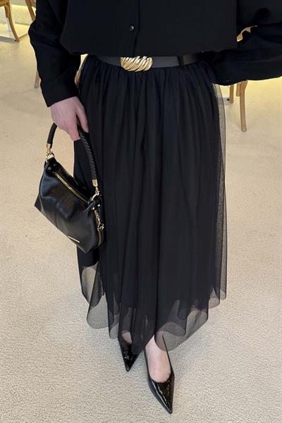 Pileli Kemerli Tül Etek Siyah