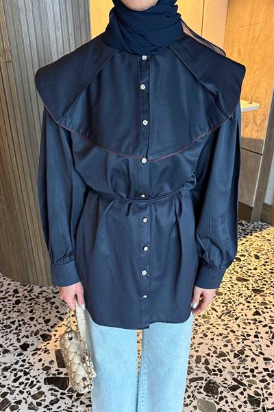 Geniş Yakalı Biyeli Gömlek Lacivert
