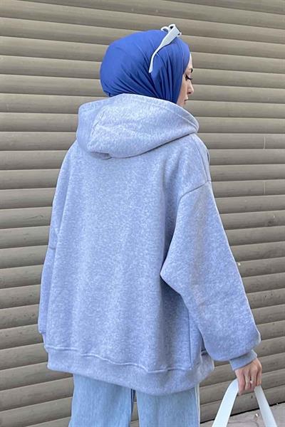 Kapüşonlu Oversize Yan Cepli Sweat Gri