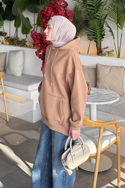 Üç İplik Kanguru Cep Sweatshirt Sütlü Kahve