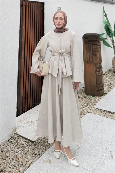 Bağcıklı Etek-Bluz İkili Takım Bej
