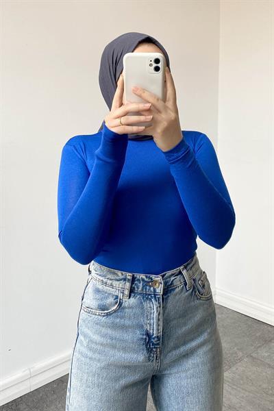 Yarım Balıkçı Yaka Düz Renk Body Saks Mavisi