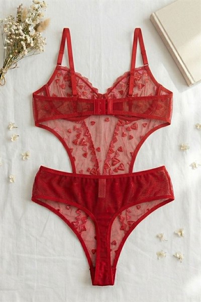Kırmızı Kalp Desen Bodysuit Kırmızı