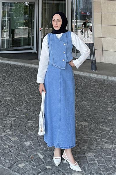 Kruvaz Kapama Kot Etekli Takım Mavi