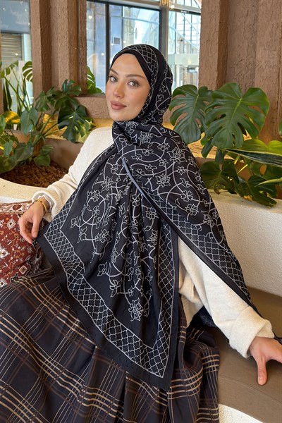 Geometrik Desen Bambu Şal Siyah