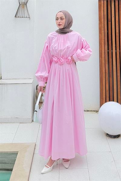 Pileli Poplin Elbise Şeker Pembesi