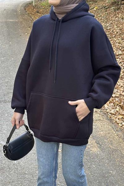 Üç İplik Kanguru Cep Sweatshirt Lacivert