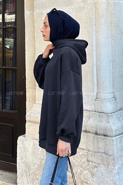 Kapüşonlu Salaş Sweatshirt Koyu lacivert