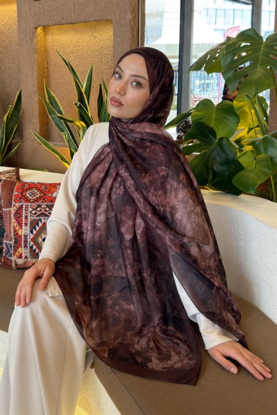 Gül Çiçek Desen Ferah Şal Çikolata Kahve