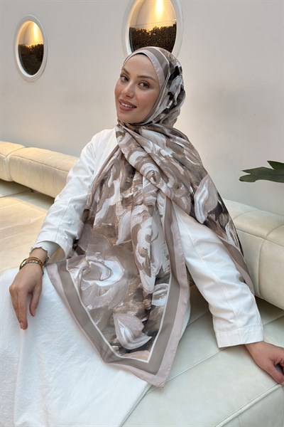 Çiçek Desen Pamuk Şal Koyu Vizonrengi