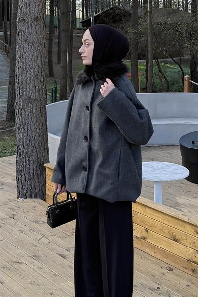 Kürk Yakalı Kaban Antrasit